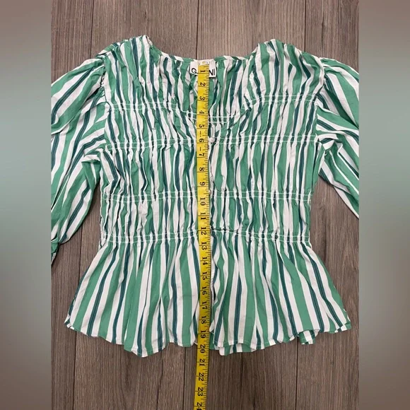 GANNI Creme de Menthe Stripe Cotton‎ V-Neck Fitted Blouse Sz UK 40/L - Picture 6 of 9